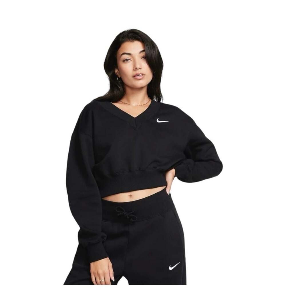 NIKE Sportswear Phoenix Fleece Womens Cropped V-Neck Sweatshirt - BLACK